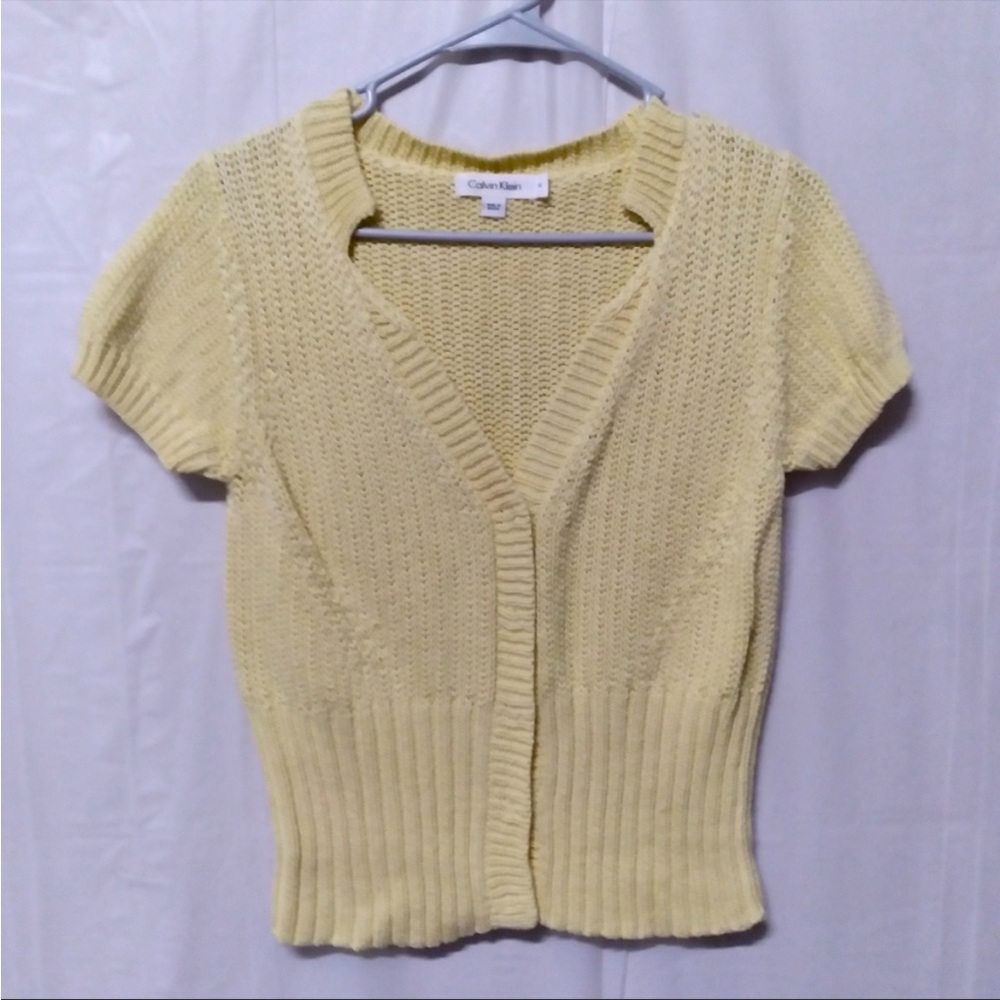 Calvin Klein Cardigan Top Yellow Cotton Knit Short Sleeve Fitted V-Neck Size M